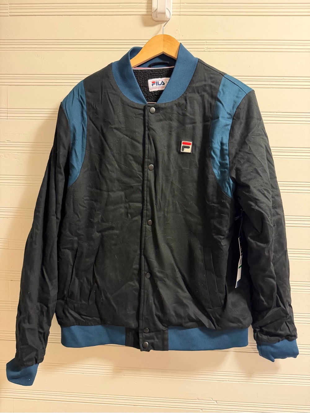 FILA Cree Bomber Jacket Men’s Large Black Blue Sherpa Lined NWT Logo